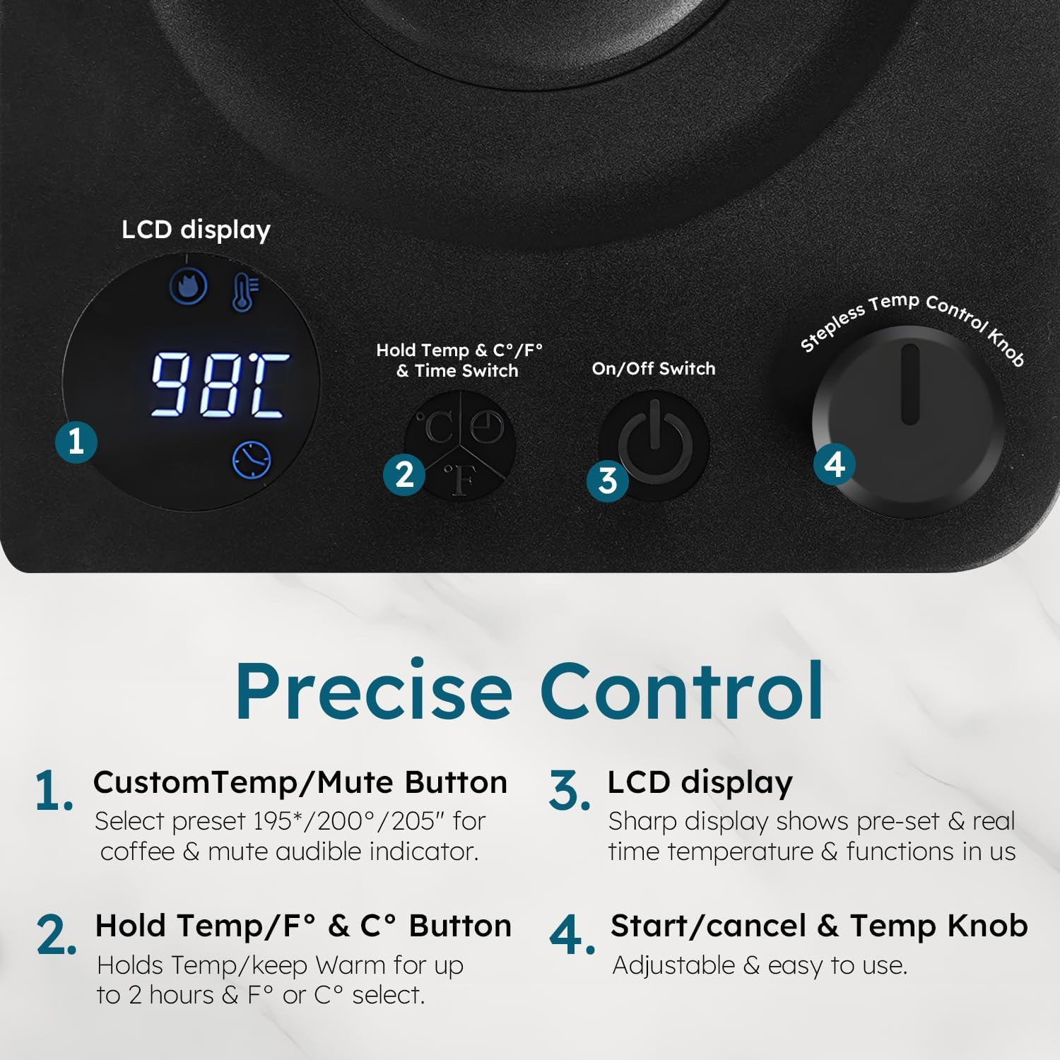 Electric Gooseneck Kettle 0.9L with LCD Display, Real-Time Temp Control Smart Professional Coffee Milk & Tea Pot, Switchable &deg;C/&deg;F, 304 Stainless Steel, 1200W Quick Heating (1.0, Liters) image number 2