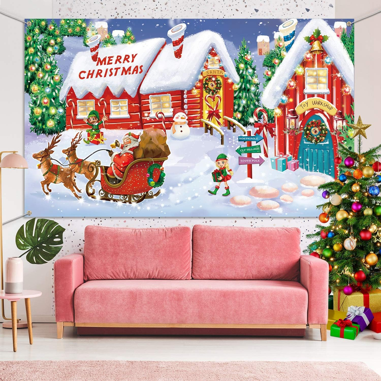 Christmas Decoration Supplies, Extra Large Fabric North Pole Wall Scene Setters for Christmas Decoration, Merry Christmas Banner Santa'S Village Photo Booth Backdrop Background Banner image number 4