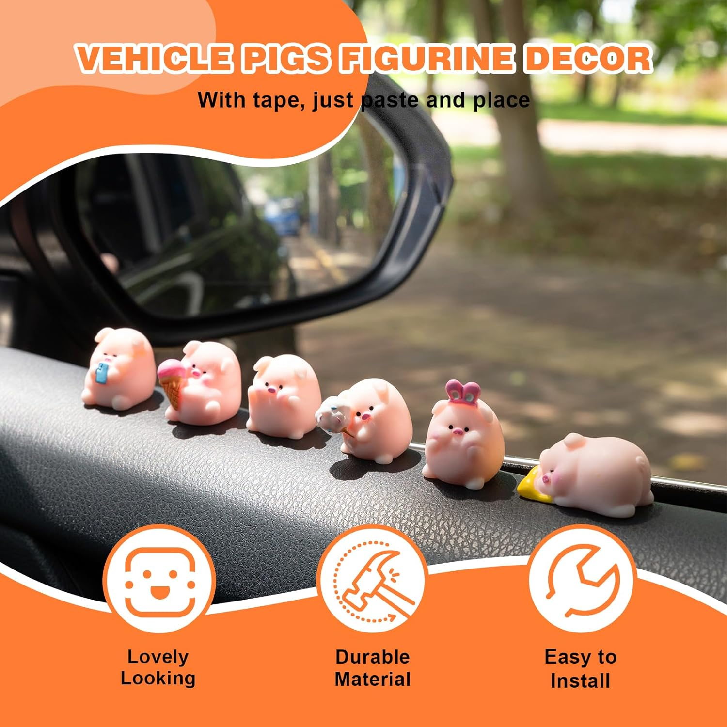 Cute Pig Car Dashboard Decor, 6PCS Cute Pink Pig Car Dash Decorations Car Door Rear View Mirror Ornament Interior Accessories for Home Office image number 3
