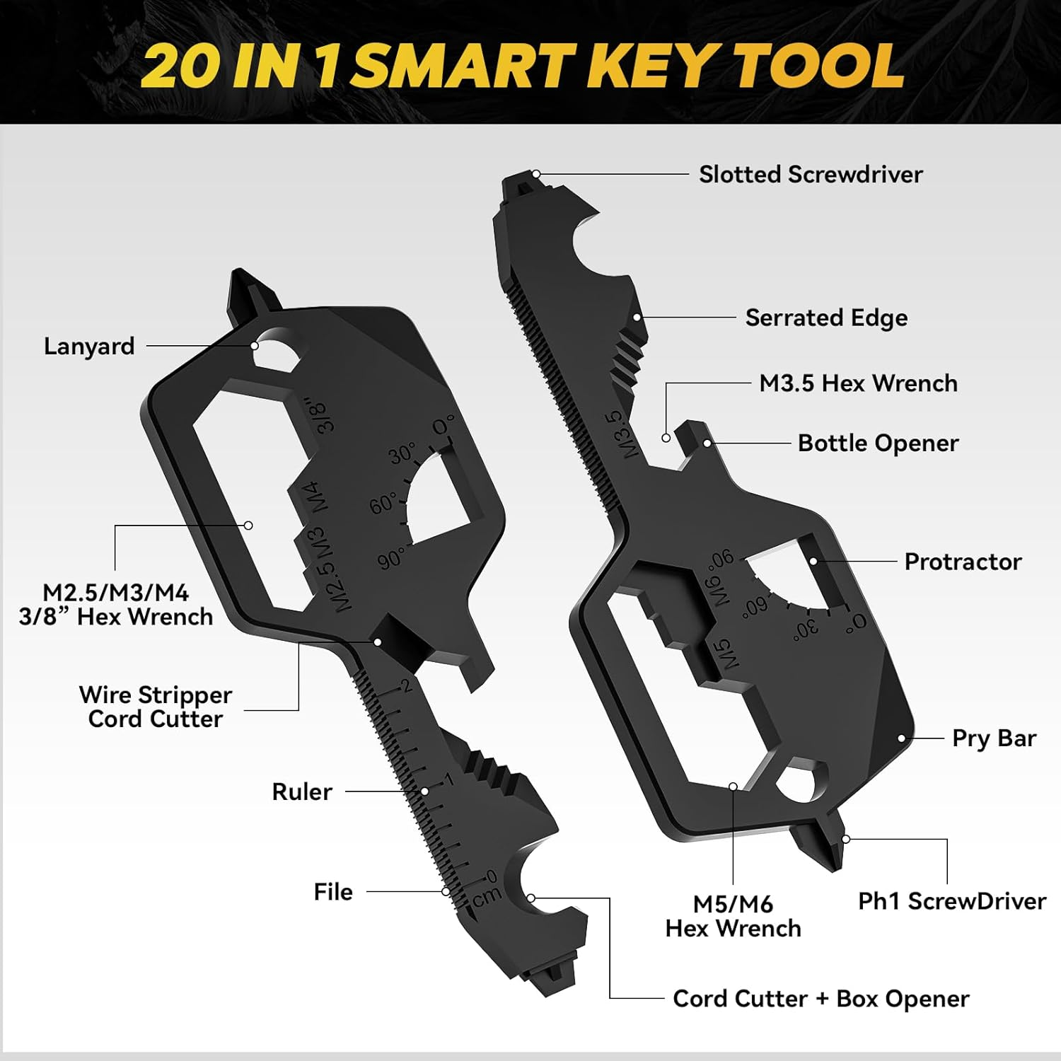 Key Shaped Pocket Multitool 26-In1 Multi Tool, Bottle Opener, Box Opener, Philip and Flat-Head Screwdrivers, 8 Size Hex Wrench, Allen Wrench, Ruler, Protractor, Wire-Stripper (Black) - Black image number 5