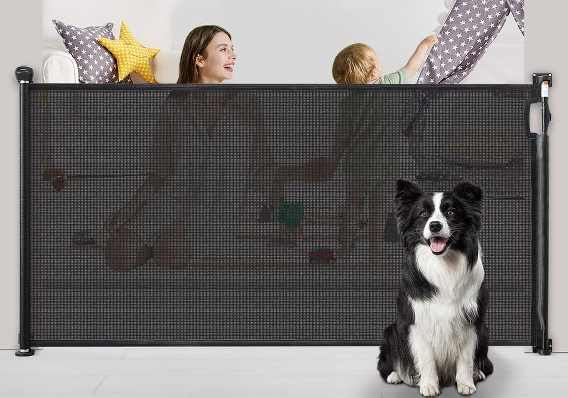 Retractable Baby Gate,Expand up 179CM Width,Pet Safety Fence Dog Safe Guard Enclosure Stair Security Barrier Mesh Indoor Outdoor, Black image number 6