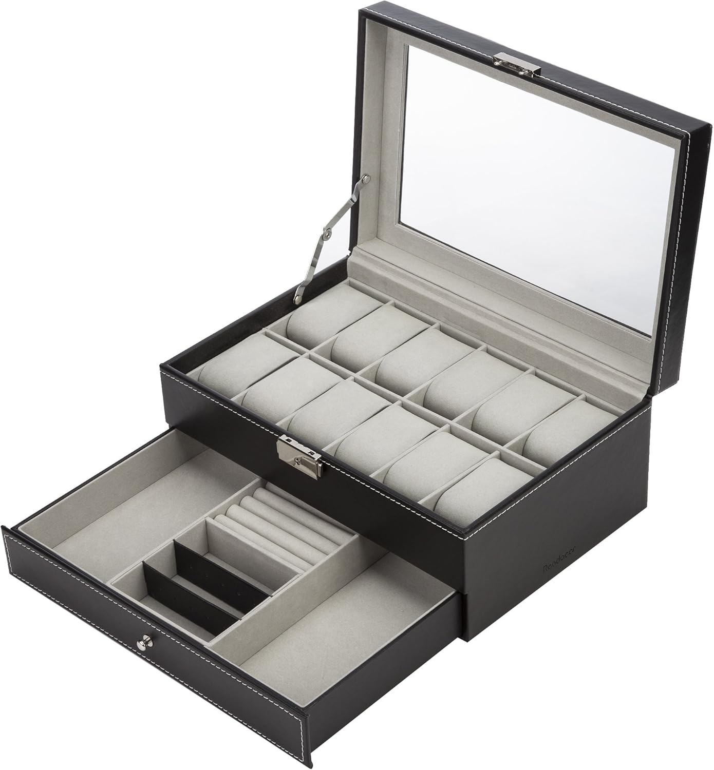 Readaeer Black Leather Watch Box Jewelry Display Case with Drawers, Jewelry Box (12 Slots with 2 Layers) image number 4