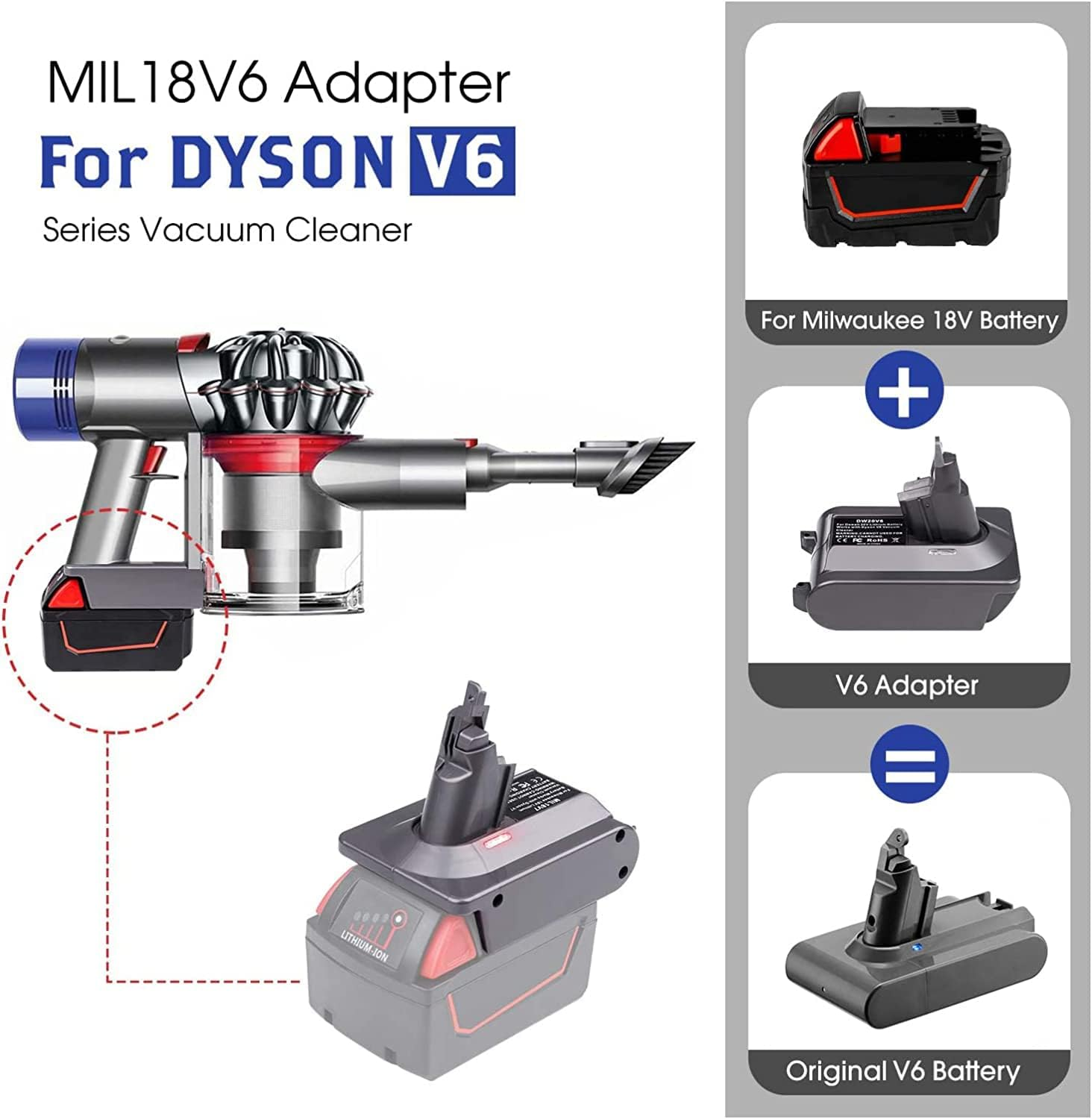 V6 Battery Adapter for Milwaukee M18 18V Battery to for Dyson V6 SV03 SV04 SV09 DC62 DC59 Fluffy Vacuum Converter (Only MIL18V6 Adapter) image number 1
