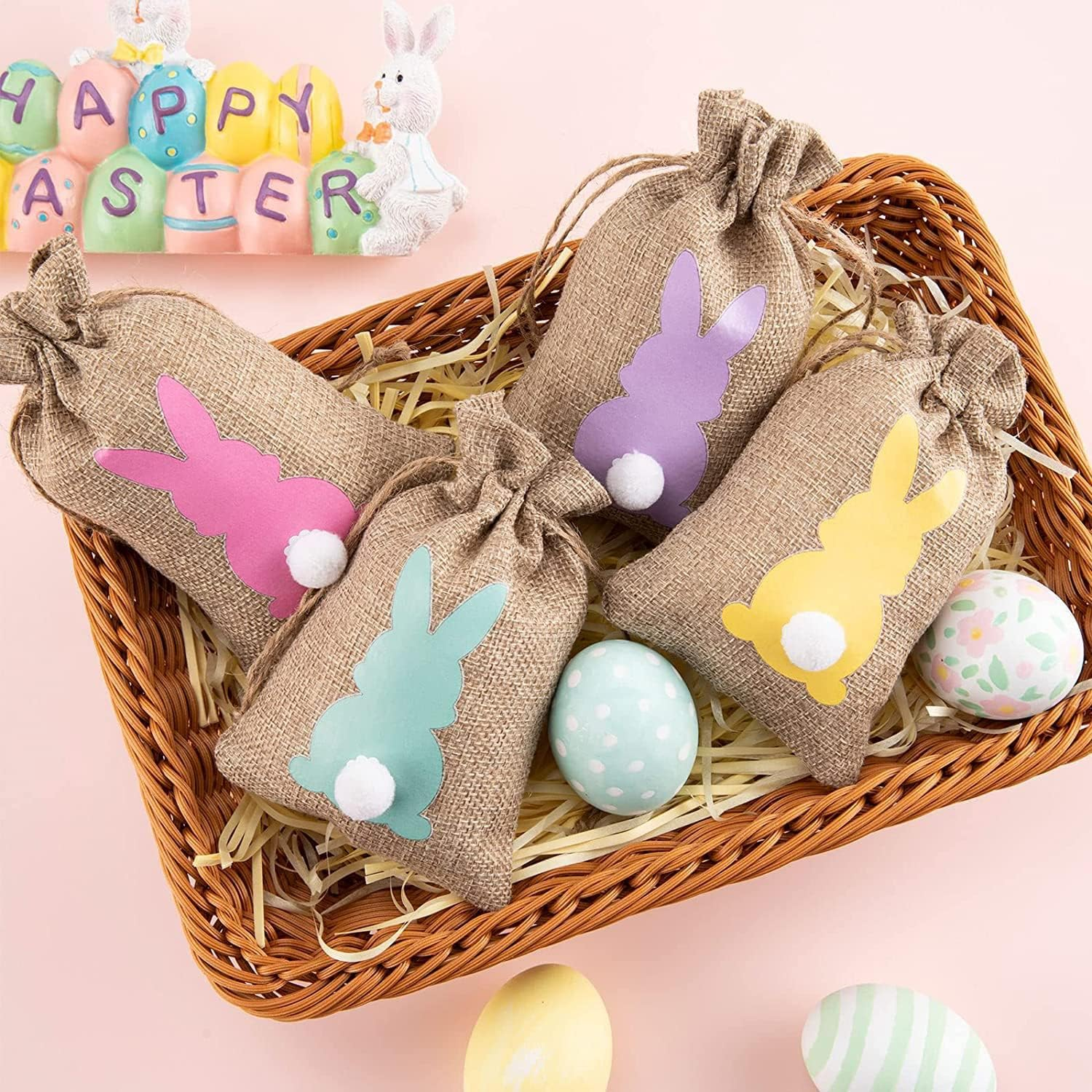 24 Pcs Easter Candy Bags, Easter Burlap Drawstring Bags 6 Color Bunny Pattern Linen Treat Candy Bags for Kids Easter Party Favor image number 2