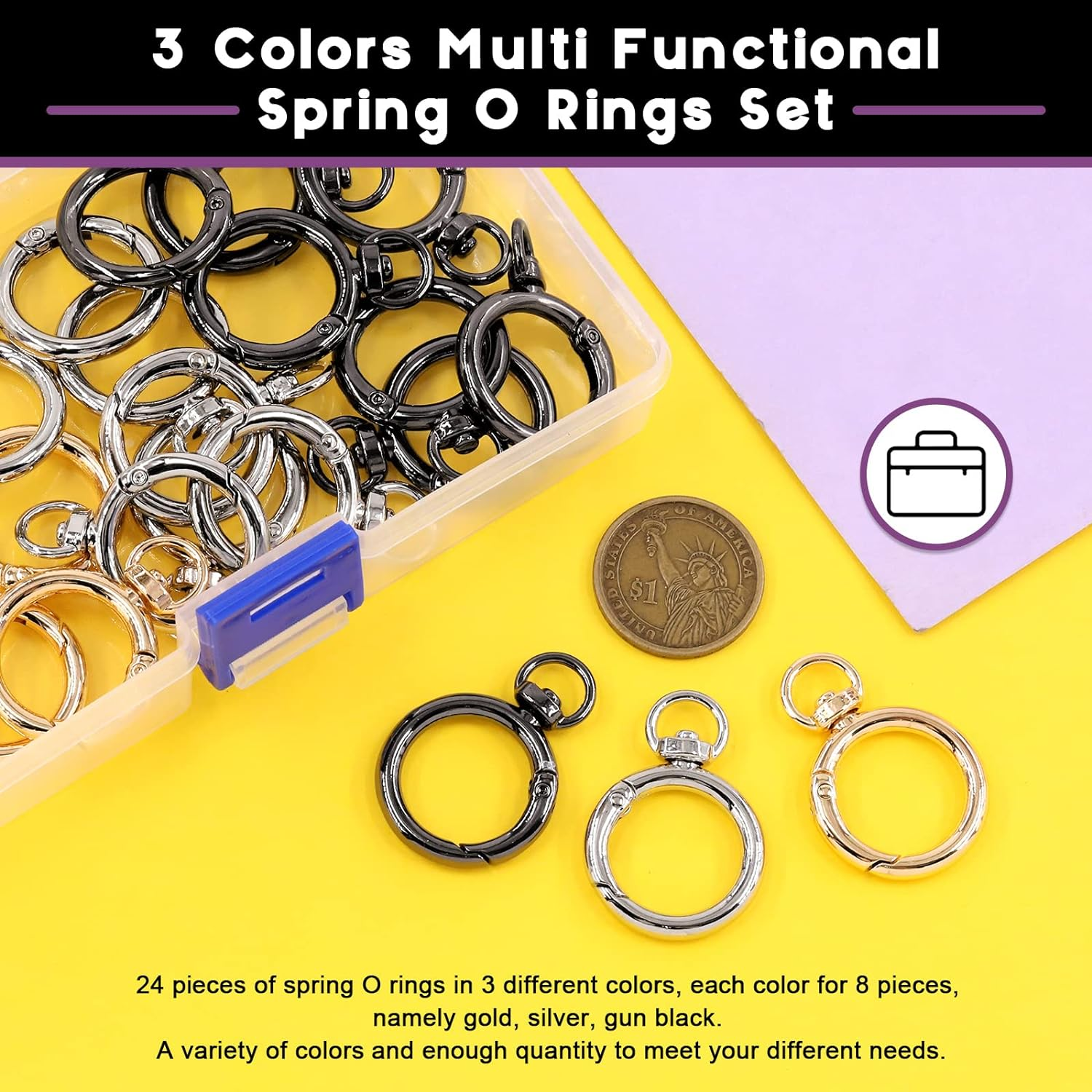 Swpeet 24Pcs 3 Colors 3/4 Inch - 20Mm inside Diameter round Spring Clips O Rings Snap Hooks with Swivel D Rings Buckles Assortment Kit, Hook Bag Clasp Spring Buckle for DIY, Craft Making image number 2