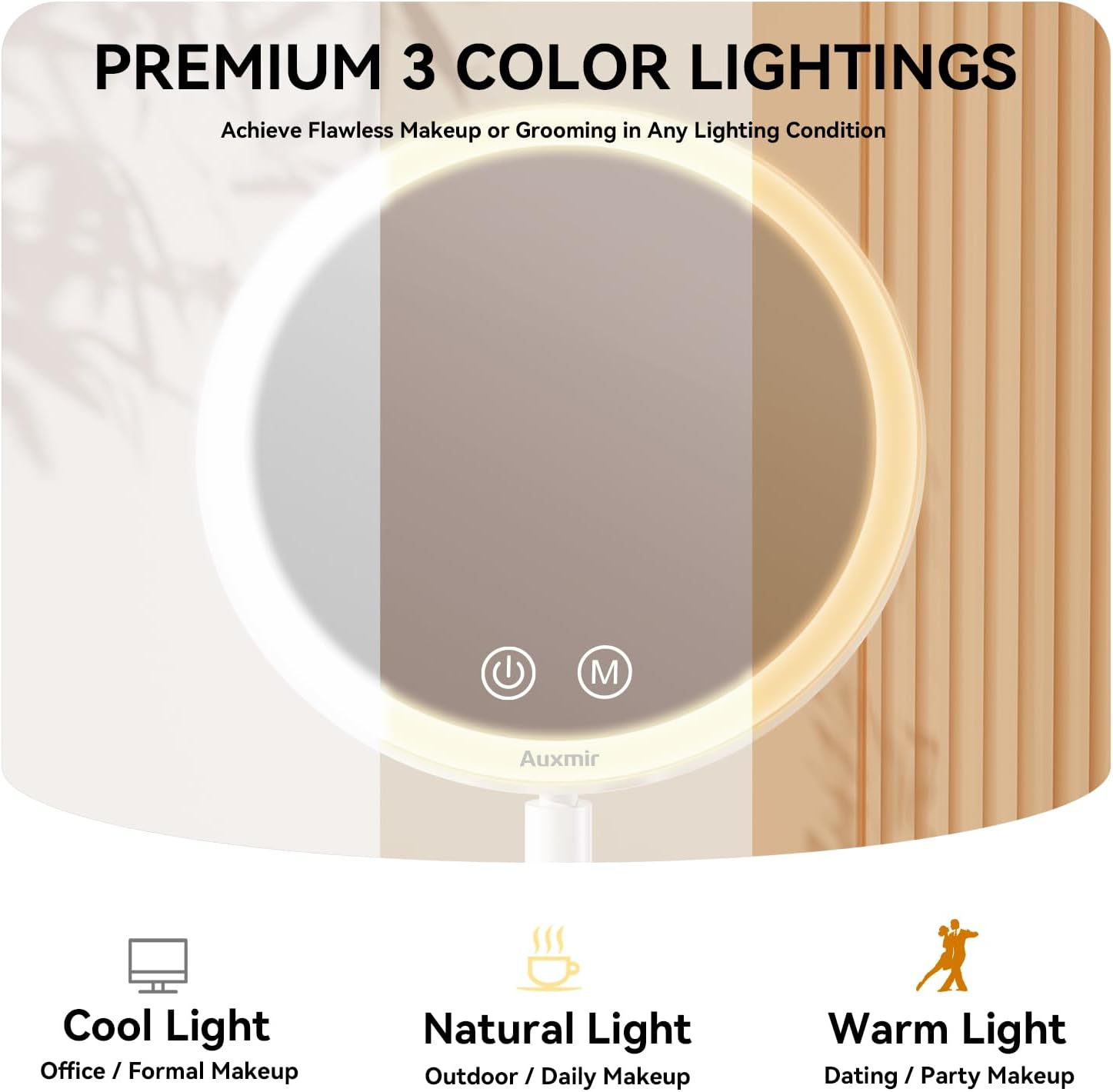 Auxmir Makeup Vanity Mirror with 46 LED Lights, Rechargeable 5X Lighted Magnifying Tabletop Mirror with Smart Touch Screen, 3 Light Colors Adjustable Dimmable Freestanding Cosmetic Mirror with Tray image number 4