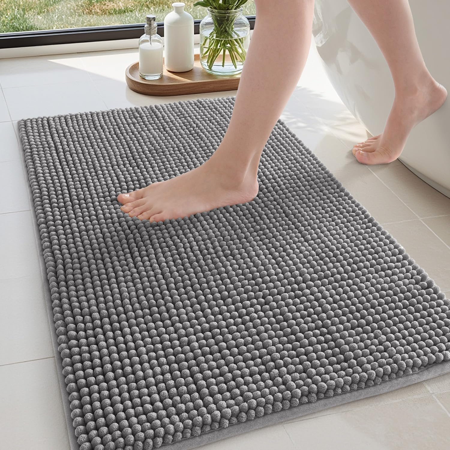 DEXI Bathroom Rugs Sets 2 Piece, Non Slip and Machine Washable Toilet Rug, Super Absorbent and Soft Chenille Bath Mat Set for Shower Floor and Tub, 50 X 80 Cm + 50 X 80 Cm, Grey image number 6