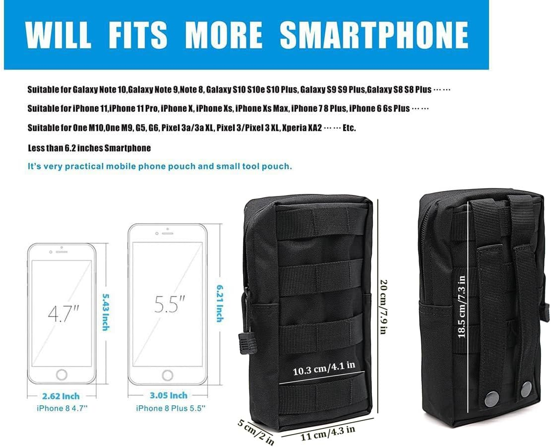 2 Pcs Tactical Molle Pouch, Multi-Function Portable EDC Gadget Waist Bag Small Tactical Belt Bag for Camping Hiking Trekking, Black, Classic image number 6