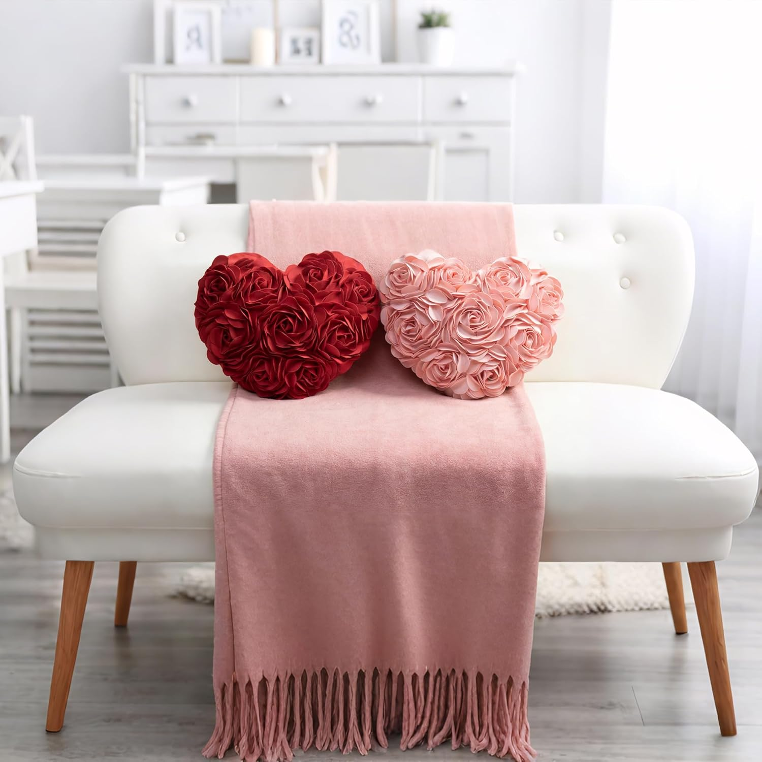 JW 3D Rose Flowers Accent Pillows Decorative Wool Heart Shaped Handmade Cushions for Home Sofa Car Bed Room Office Chair Wedding Travel Decor Pillowcases Girl Gifts 13 X 16 Inch Red image number 2
