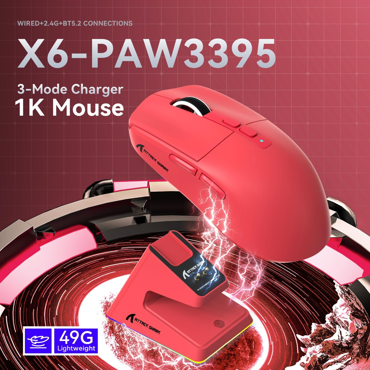 ATTACK SHARK X6 49G Superlight Mouse with Magnetic Charging Dock, Pixart PAW3395 Gaming Sensor, BT/2.4G Wireless/Wired Gaming Mouse, 26000 DPI, X3 Upgraded Office Mice for Win11/Xbox/Ps/Mac (Red) - White image number 2