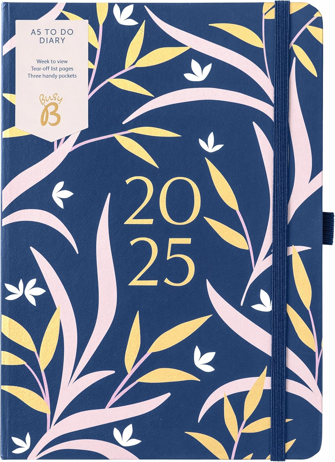 Busy B 2025 Diary - A5 Weekly Planner with To-Do Lists & Notes Pages &ndash; Work, School, Office Navy Floral Journal - Week-To-View Layout, 3 Pockets & Year Planner image number 1