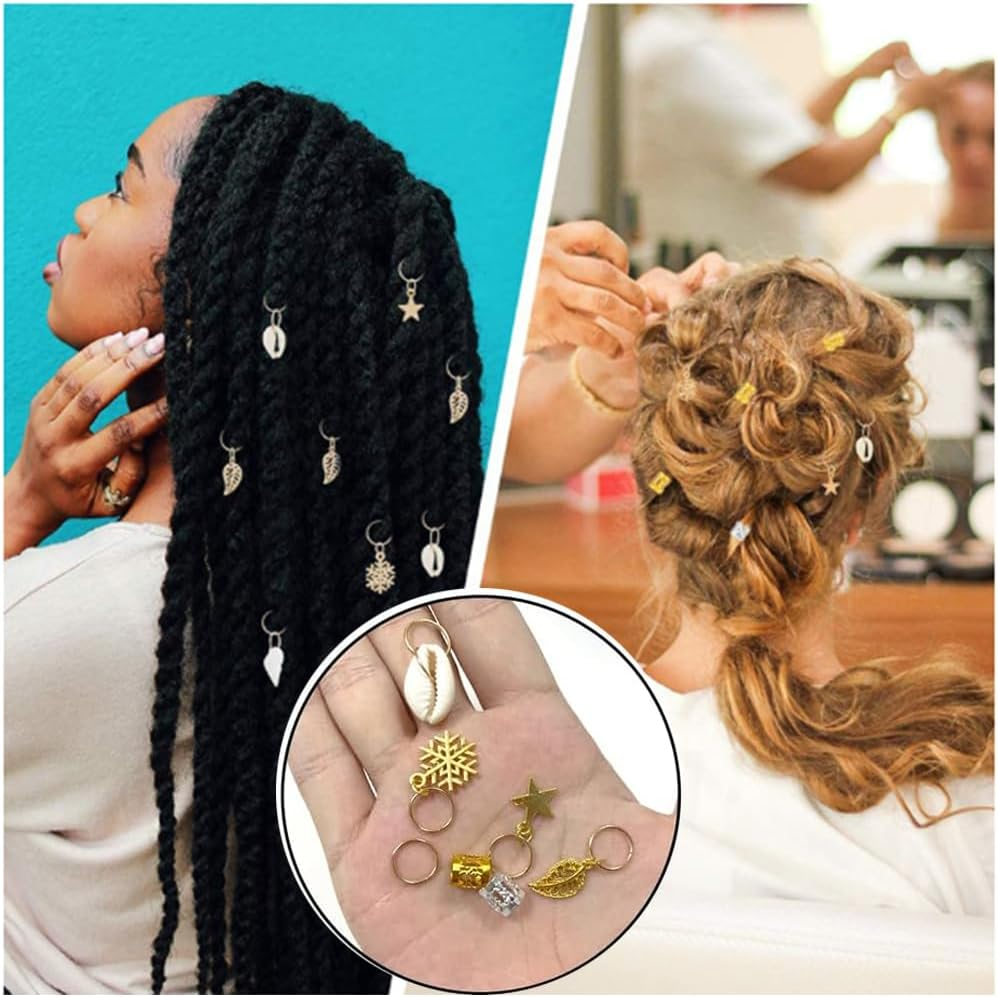 7 Styles Hair Jewelry Beads,80Pcs Dreadlocks Beads Metal Cuffs Hair Braid Rings Pendants Braiding Clips Hair Decorations Braids Accessories image number 3