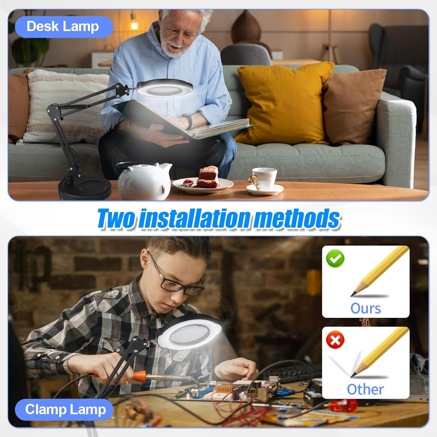 15X 10X Magnifying Glass with Light and Stand, 2 in 1 Magnifying Desk Lamp with Clamp & Base, 5 Color Modes Dimmable with Swing Arm, LED Lighted Magnifier Light for Reading, Repair, Craft, Close Work