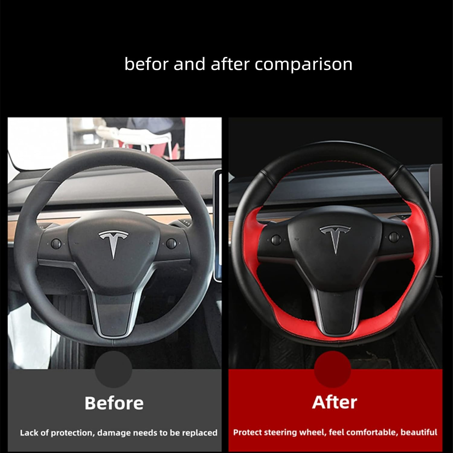Tesla Steering Wheel Cover Microfiber Leather Hand-Stitched for Tesla Model 3/Model Y (Black-Black) image number 6