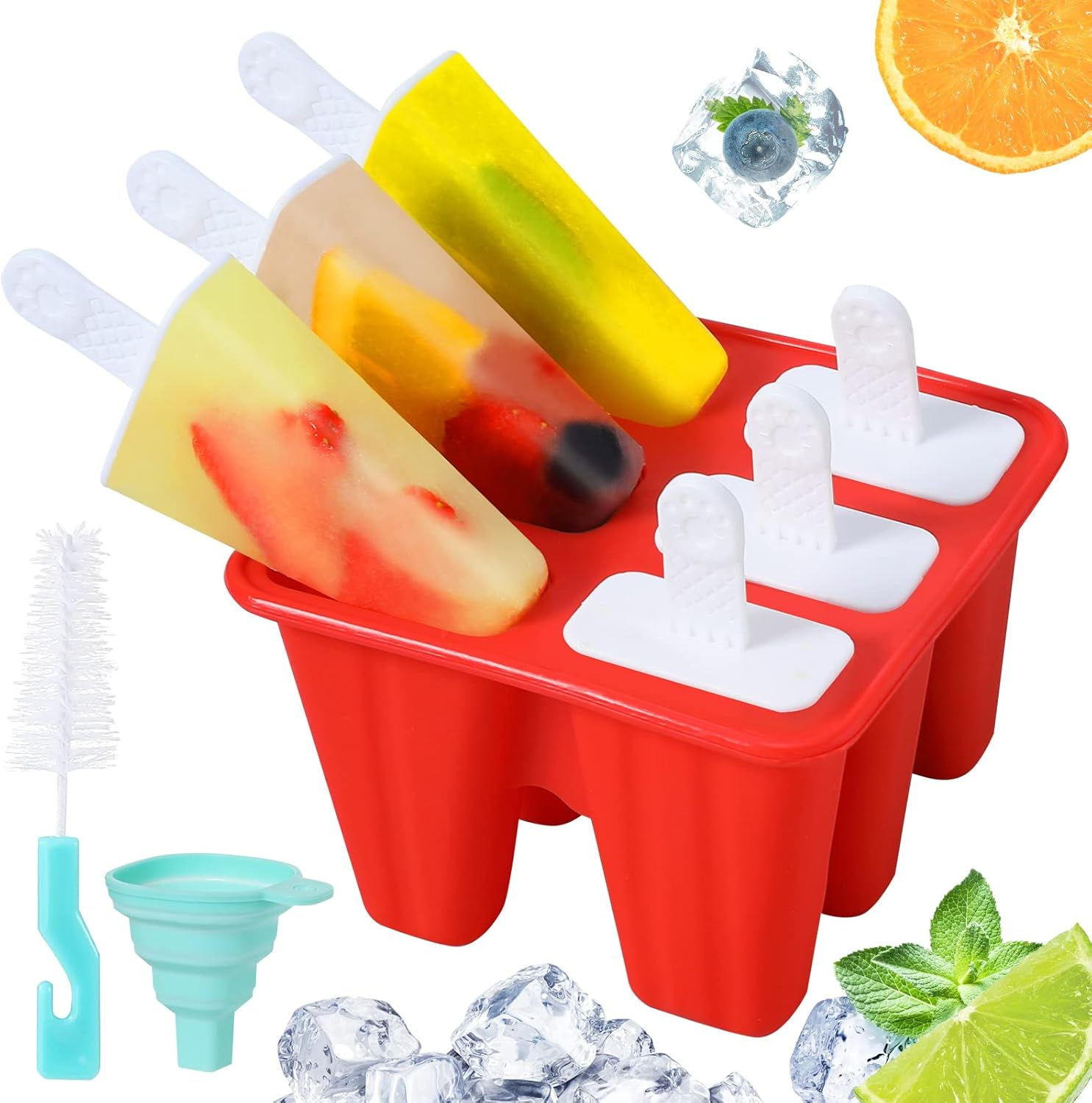 Popsicle Molds,Silicone Ice Pop Molds,Bpa Free Popsicle Mold Reusable Easy Release Ice Pop Maker,Homemade Popsicle Mould with Silicone Funnel and Cleaning Brush (Red, 6 Cavities) image number 6