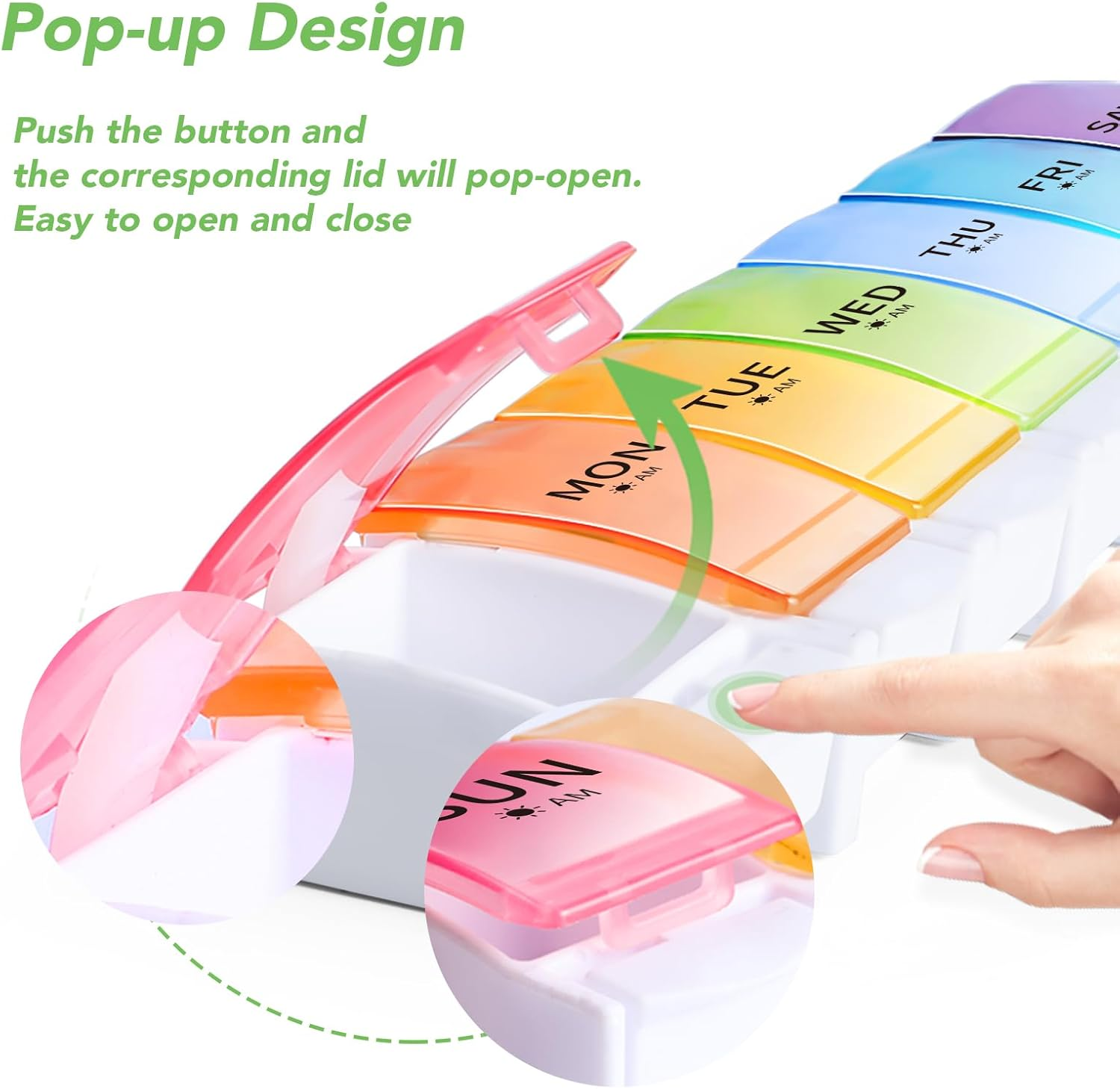 Opret Large Pill Organiser Box 7 Day 2 Times a Day, AM PM Weekly Tablet Organiser, Unique Push Button Open with 14 Compartments image number 1