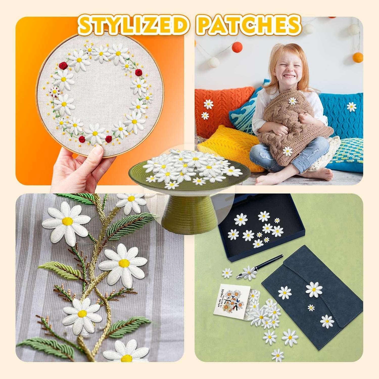 40Pcs 4 Sizes Daisy Flower Iron on Patches, Cute Embroidery Applique Patch for DIY Decoration Clothes, Pants, Hats, Backpacks, Sewing Patches for Girls, Women (Flower, White, 4Cm*3.5Cm*3Cm*1.2Cm) image number 5