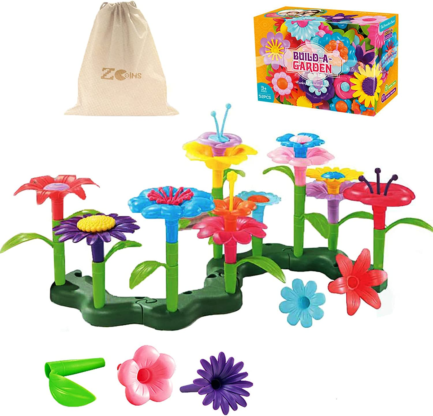 Oundarm Build a Garden DIY Arts Flower Building Toys Set 3+ Years Old Girls Stacking Game for Toddlers, 52Pcs with Box and Bag image number 3