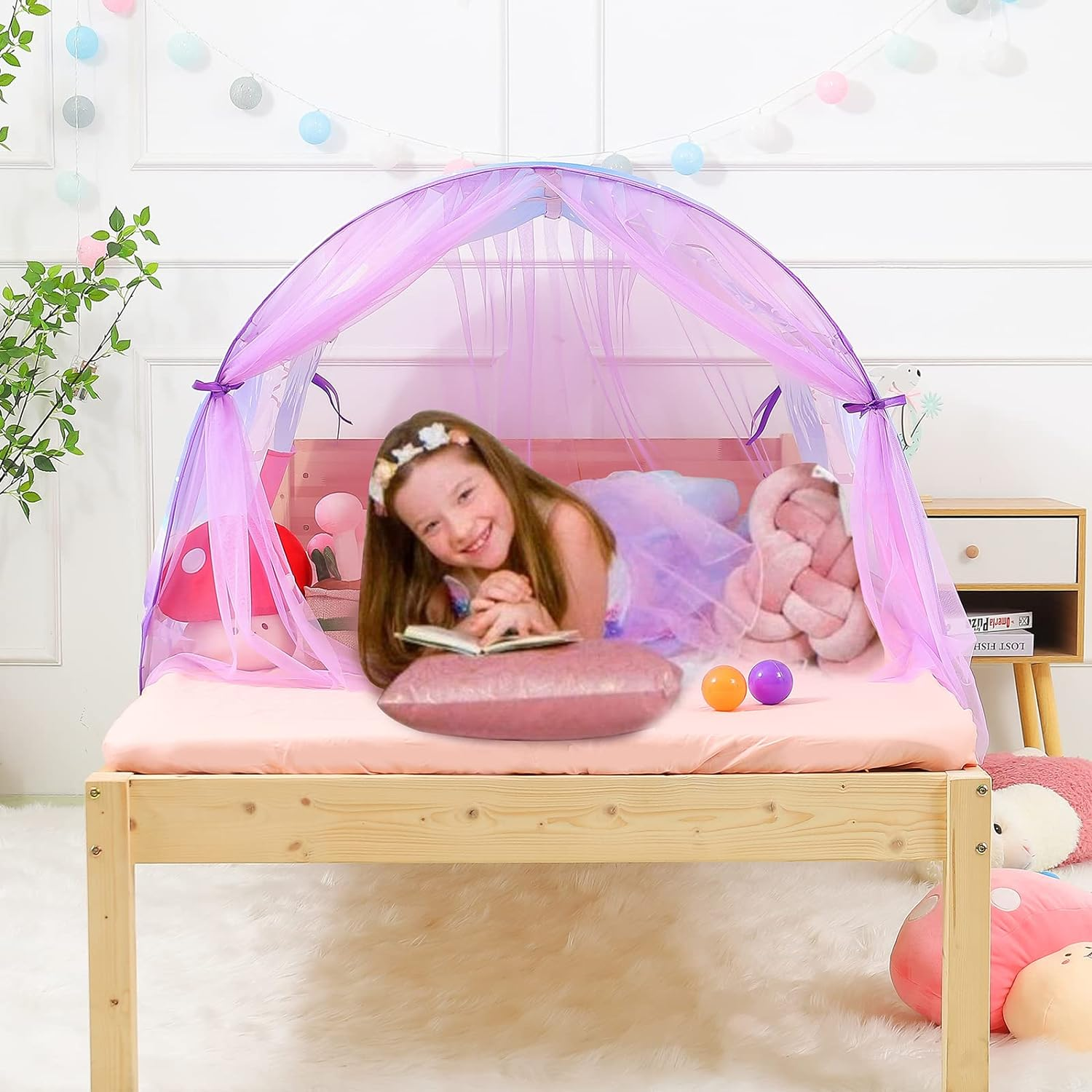 Bed Tent for Kids Toddler Foldable Game House Children Play Tents Breathable Cottage Combination Sleeping Canopy Playhouse Double Net Curtain with Storage Bag,(Bed Tent-Castle) image number 2