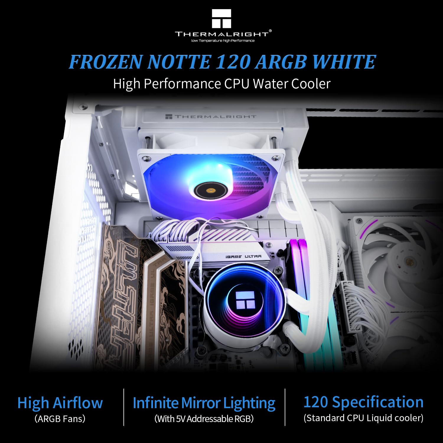 Thermalright Frozen Notte 120 ARGB White CPU Water Cooler, CPU Water Cooling System, ARGB Cold Head,Suitable for Amd:Am4/Am5,Intel LGA 1700/1851/1150/1151/1200 image number 2