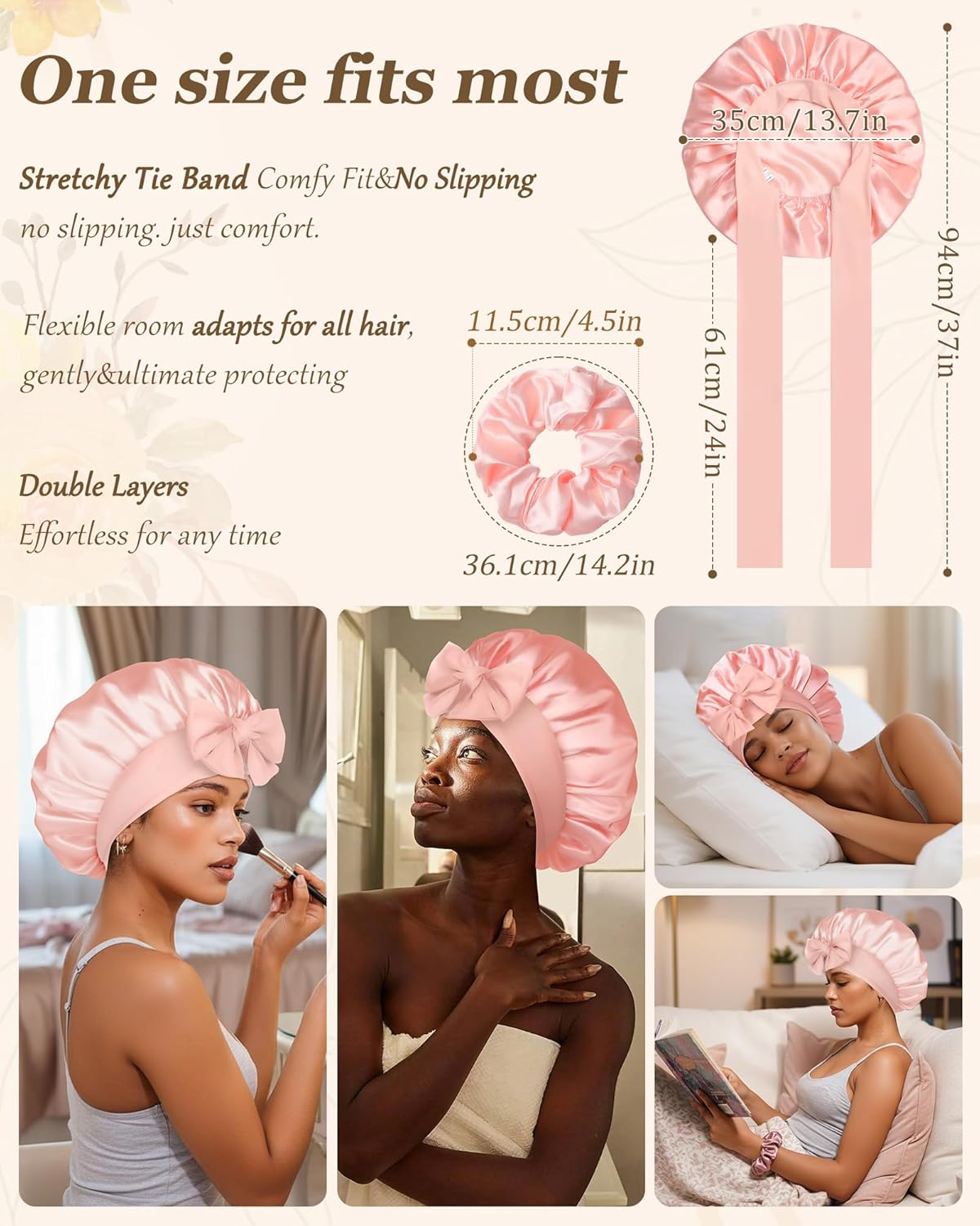 Reversible Satin Bonnet for Sleeping Women Double Layer Hair Bonnet with 2PCS Hair Scrunchies Elastic Tie Band Night Cap, Apricot Powder+Champagne image number 6