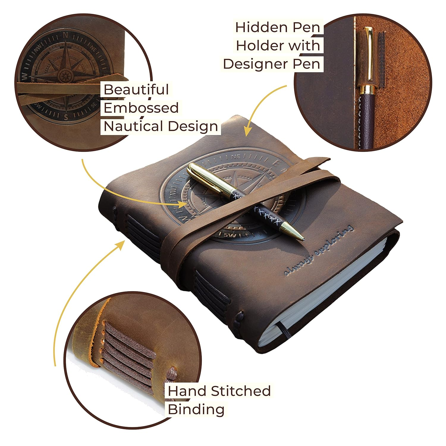 Leather Journal Nautical Compass Notebook Embossed Maritime Sea Adventure A5 Travel Diary, for Men for Women, Genuine Vintage Rustic Leather 6" X 8", Bound for Writing Notes Handmade Sketchbook + Pen image number 1