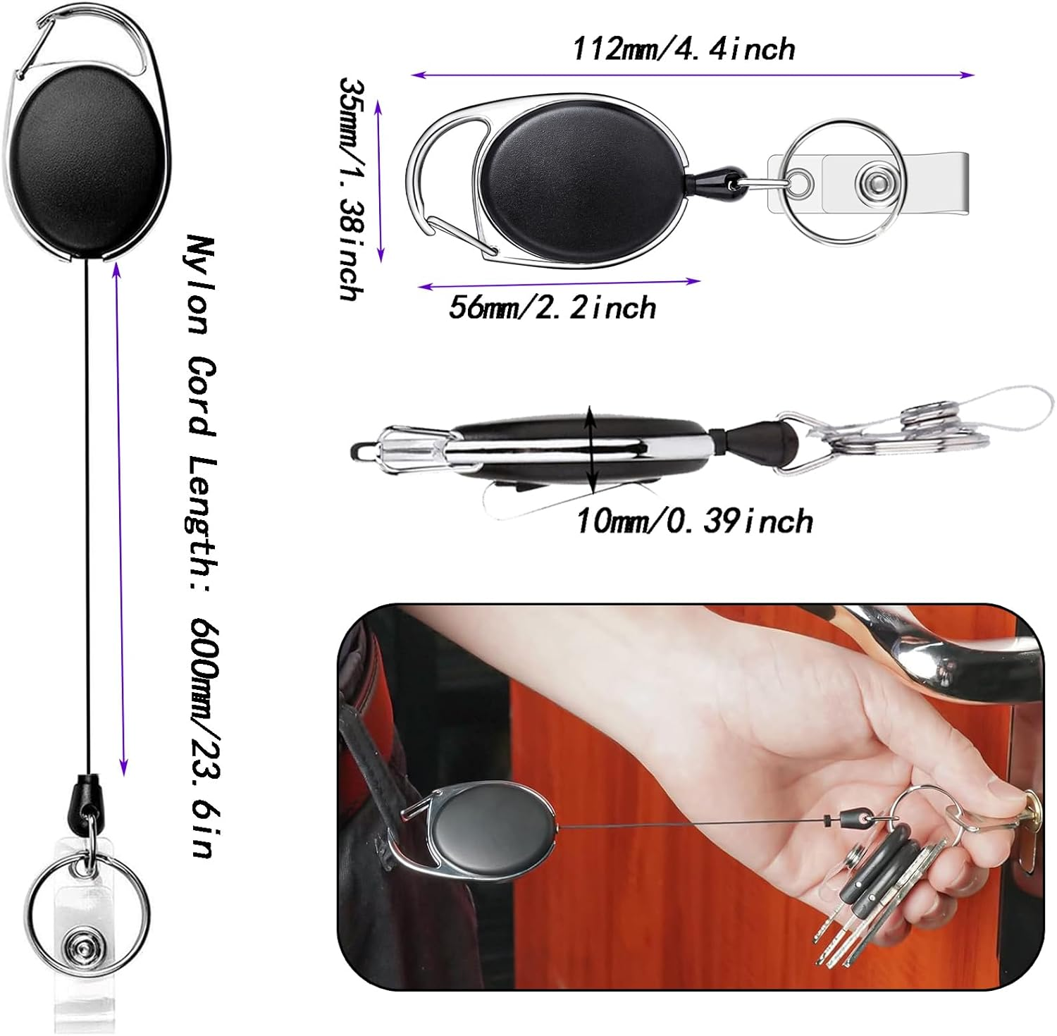4 Pack Heavy Duty Retractable Keychains with Carabiner - Durable ID Badge Holder for Cards, Keys & Access Tags image number 4