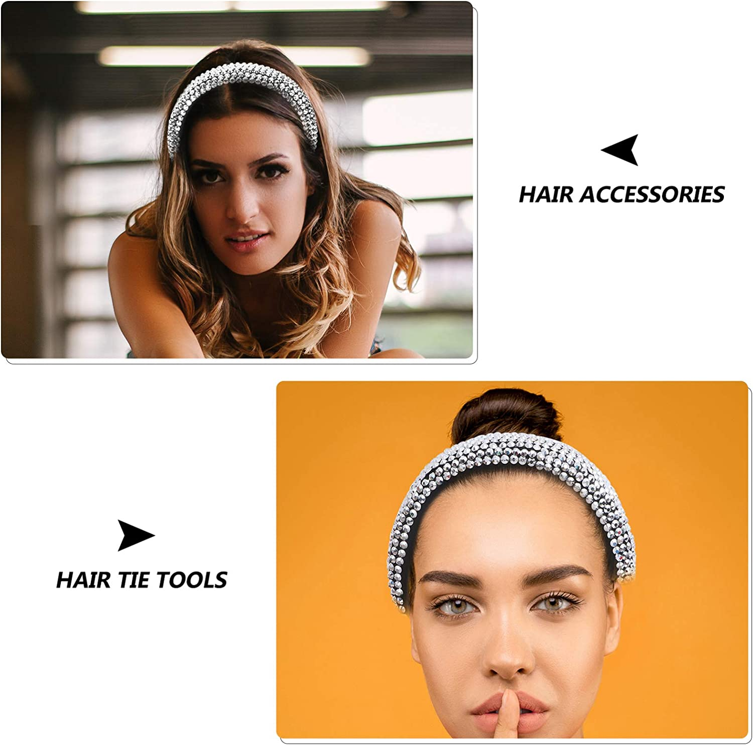 FRCOLOR Hair Makeup Headbands Silver Rhinestone Headbands for Women Girls Shiny Headdress Fashion Hairband Wide Beaded Band Accessories Black Wedding Decor - Silver image number 6