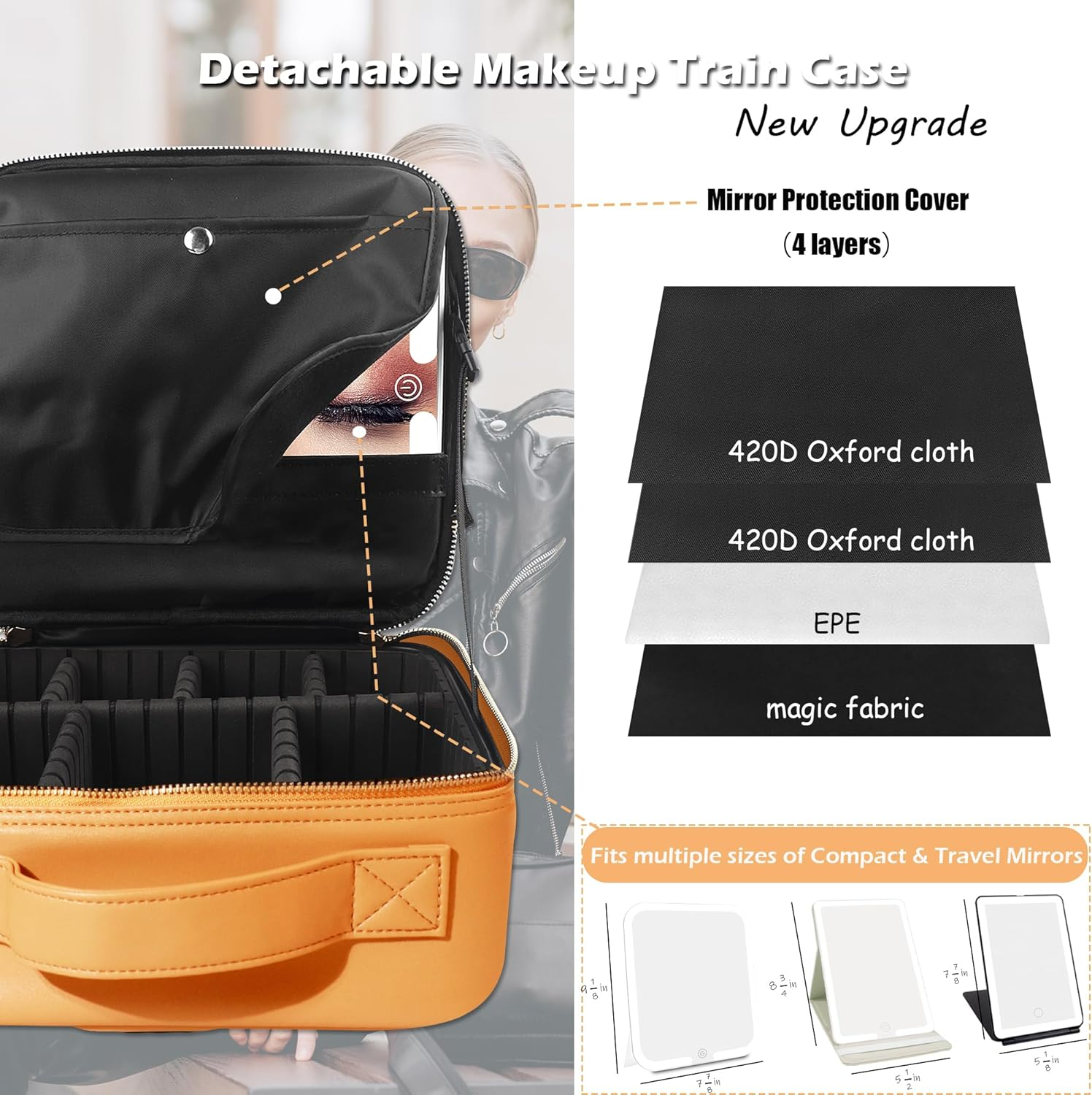 MOMIRA Travel Makeup Bag Cosmetic Bag Makeup Organizer Bag with Lighted Mirror, Adjustable Brightness in 3 Color Scenarios, Waterproof Makeup Train Case, Gift for Women - Apricot(Woven) image number 5