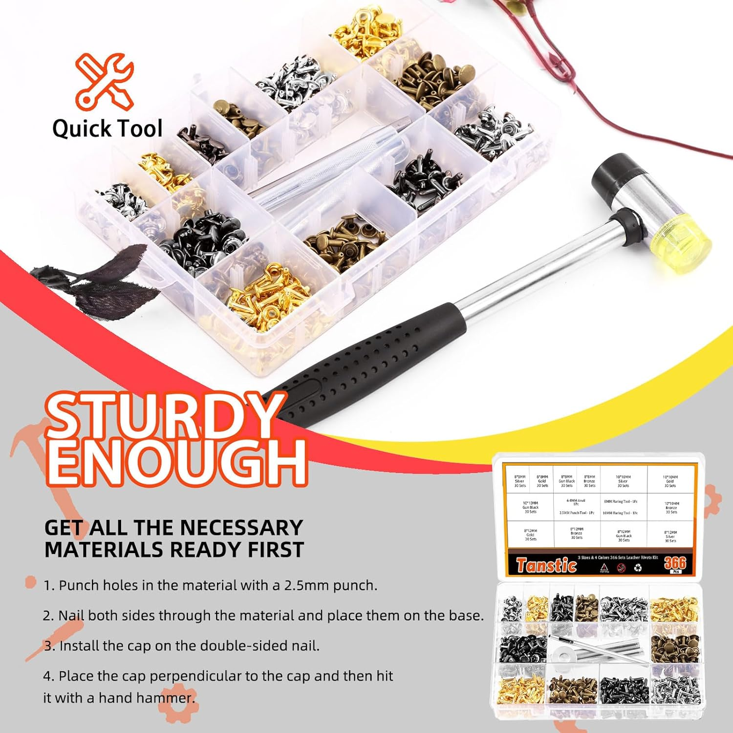 Tanstic 365Pcs Leather Rivets Kit, 3 Sizes 4 Colors Double Cap Rivets Flat Tubular Metal Studs with Rubber Hammer and Setting Tool Kit for Leather Craft Repair Decoration(Silver/Gun Black/Bronze/Gold) - A Kit image number 1