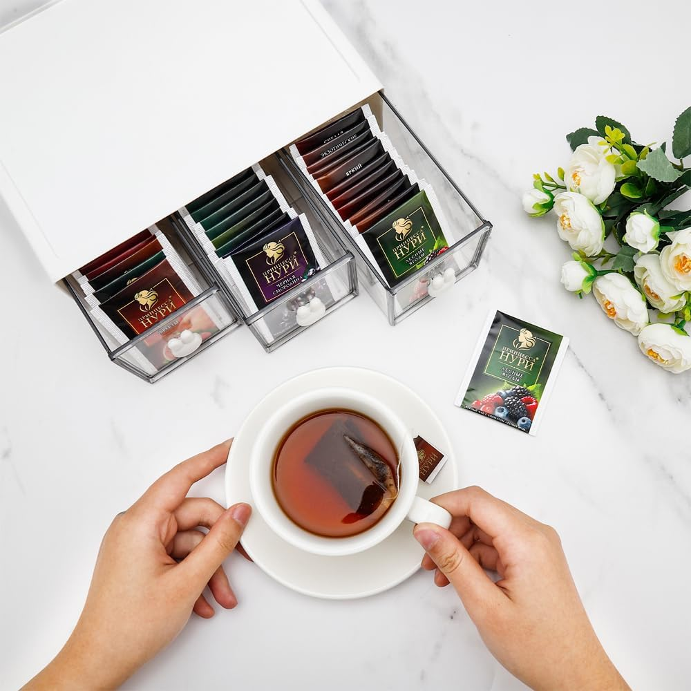 BAIEUEJO Cupboard Organizers Tea Box with 3 Drawers Plastic Stackable Tea Bag Organizer Storage Box for Tea Bags, Coffee, Etc. Kitchen Organiser for Kitchen/Bathroom/Dressing/Office, Etc (White) image number 1