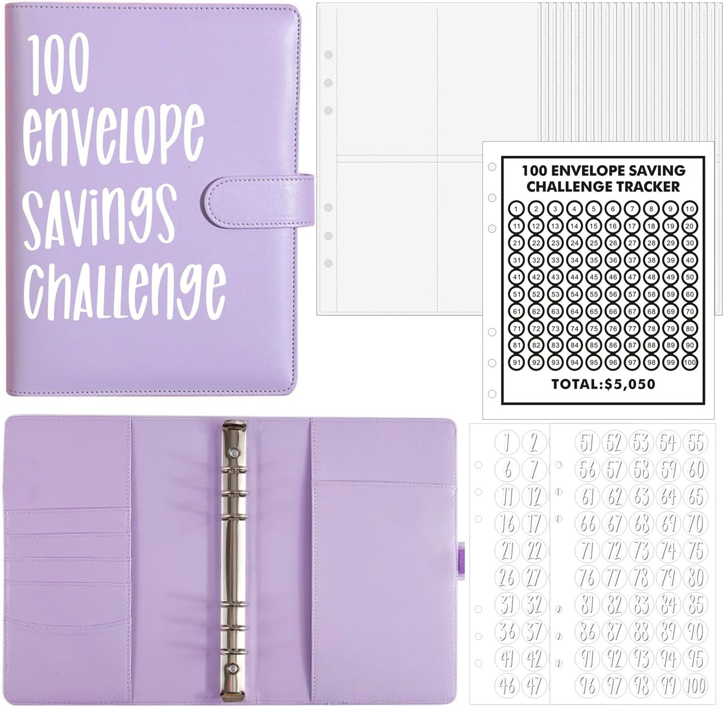 100 Envelope Challenge Binder, Savings Challenges Sheets,Easy and Fun Way to save $5,050, Budget Binder with Cash Envelopes, Savings Challenges Binder, Budget Planner Book for Budgeting (Purple) image number 3