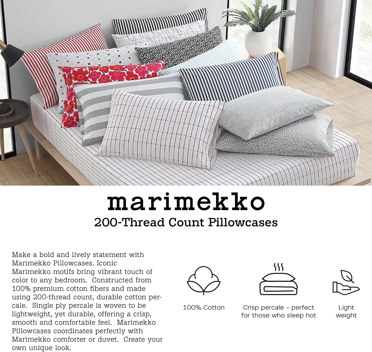 MARIMEKKO - Twin Sheets, Cotton Percale Bedding Set, Crisp & Cool Home Decor (AJO Black, Twin/Twin XL)