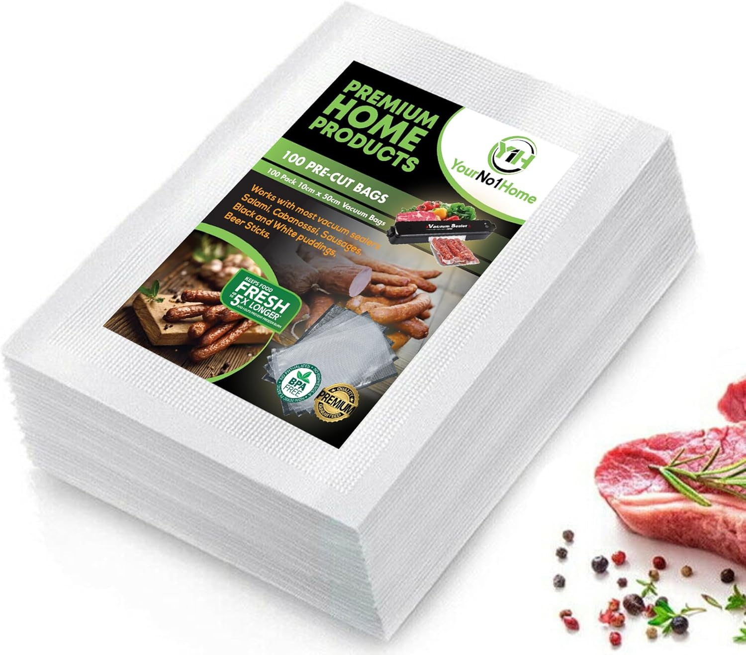 100 Pack 10Cm X 50Cm Vacuum Seal Bags for Salami, Cabanossi, Sausages, Black & White Puddings, Beer Sticks. Commercial Grade Food Bags. Honeycomb Embossed, BPA Free for Portion Control & Food Storage image number 1