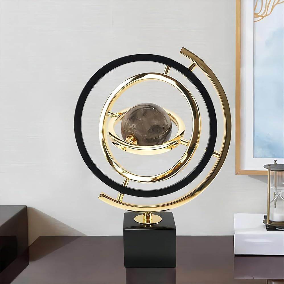Decorative Statues, Modern Orbital Planet Sculpture Gold and Black Metal round Frame. Alloy Base. Flexible Rotating Desktop Abstract Globe Ornament. image number 3