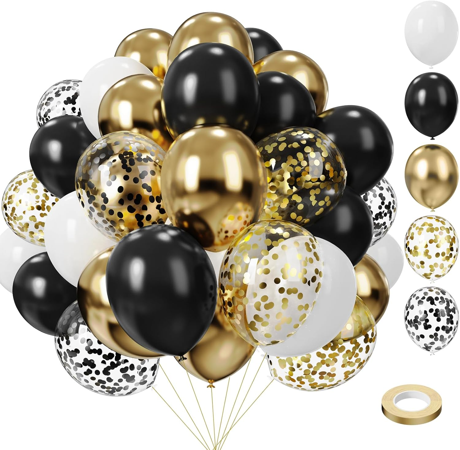 Black White Gold Balloon 75Pcs,Black White and Gold Party Decorations, 12In and 5In Black Gold White Party Balloons for Black White and Gold Birthday Decorations, New Year Balloons, Wedding Decoration image number 1