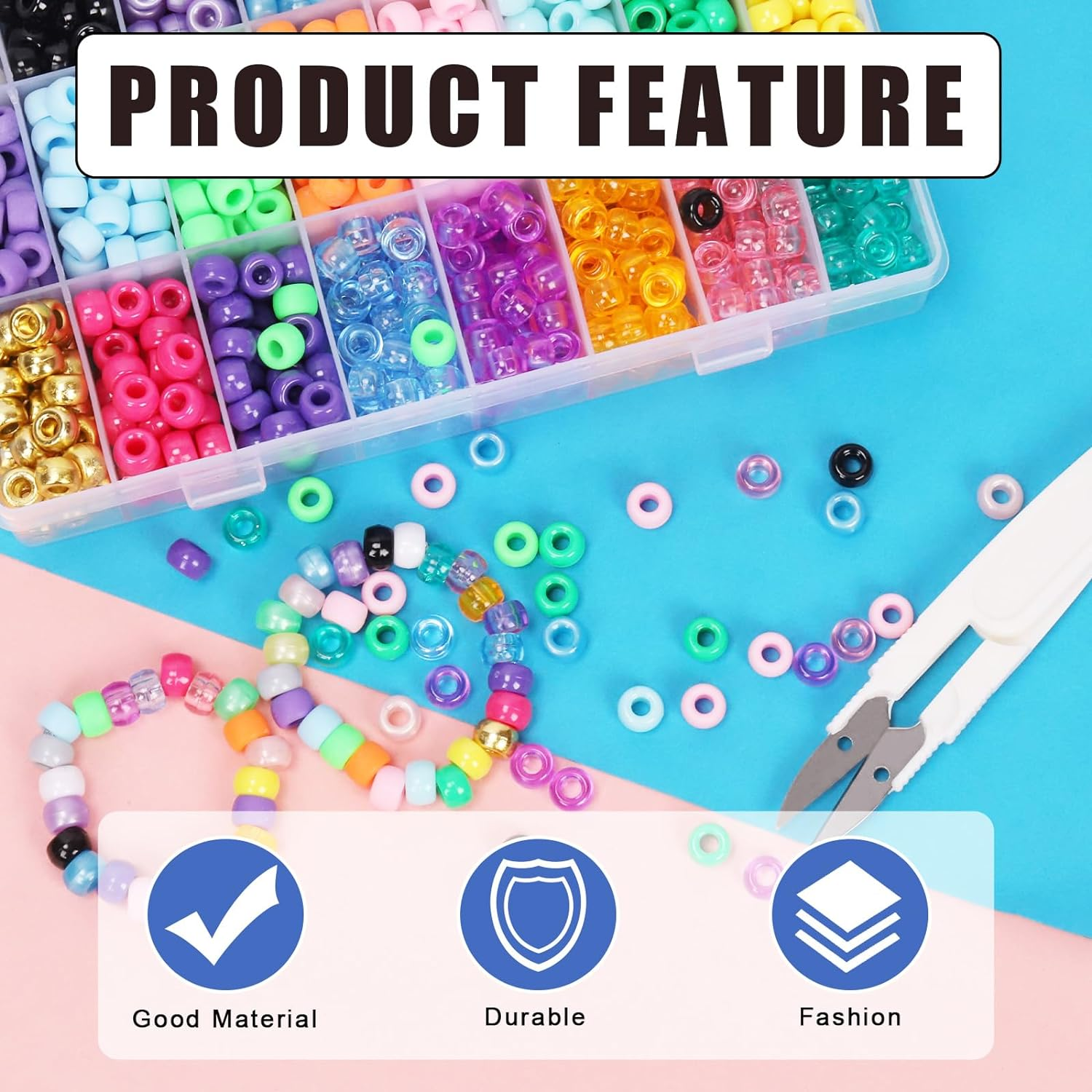 Glarks 1254Pcs 24 Color Pony Beads Kit with Elastic String, Rubber Band, Quick Beader and Scissors - Solid Pearlescent Transparent Matte Rainbow Hair Beads for Braids Bracelet Making Craft image number 4