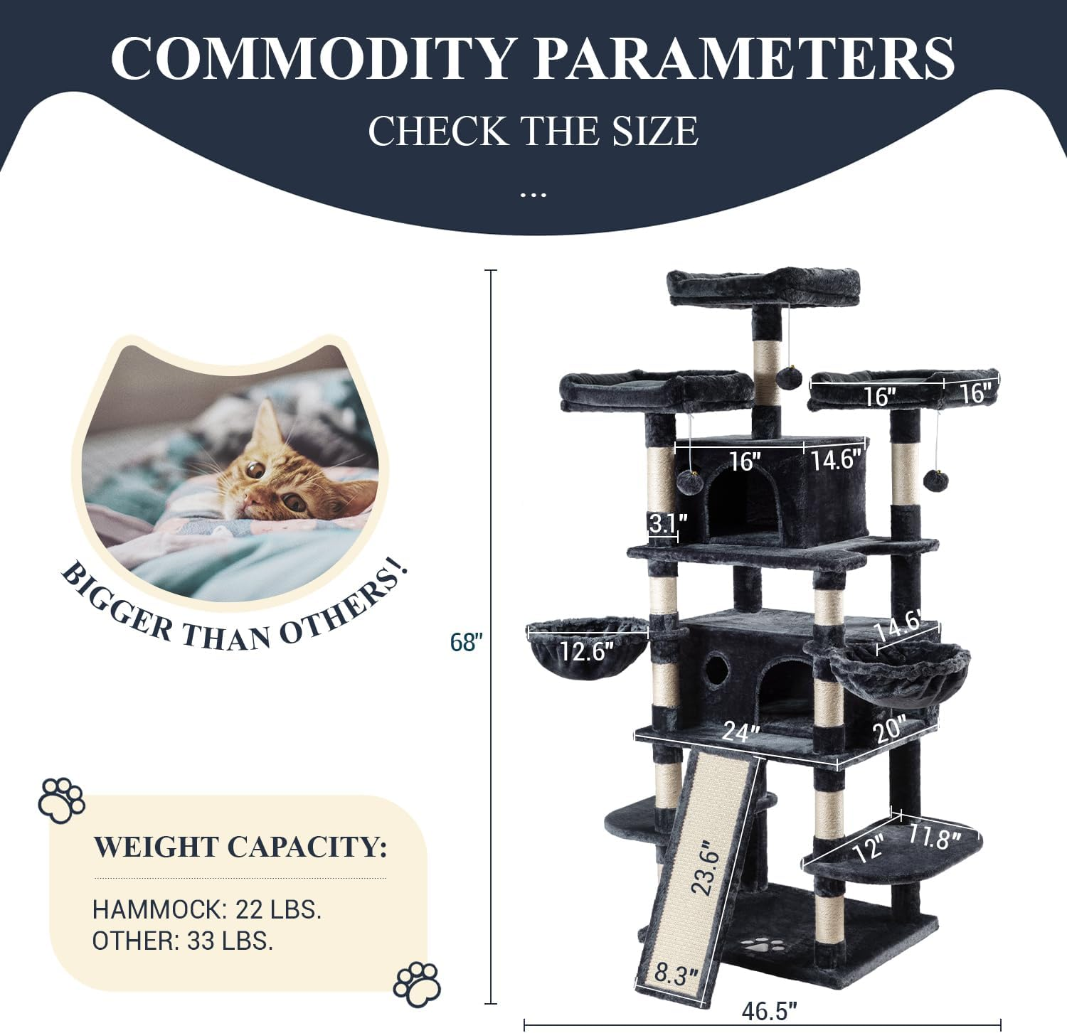 Allewie 68 Inches Cat Tree/House and Towers for Big Feline/Scratching Post/Multi-Level Large Kitty Climbing Tree with Condo/Smokey Grey image number 3