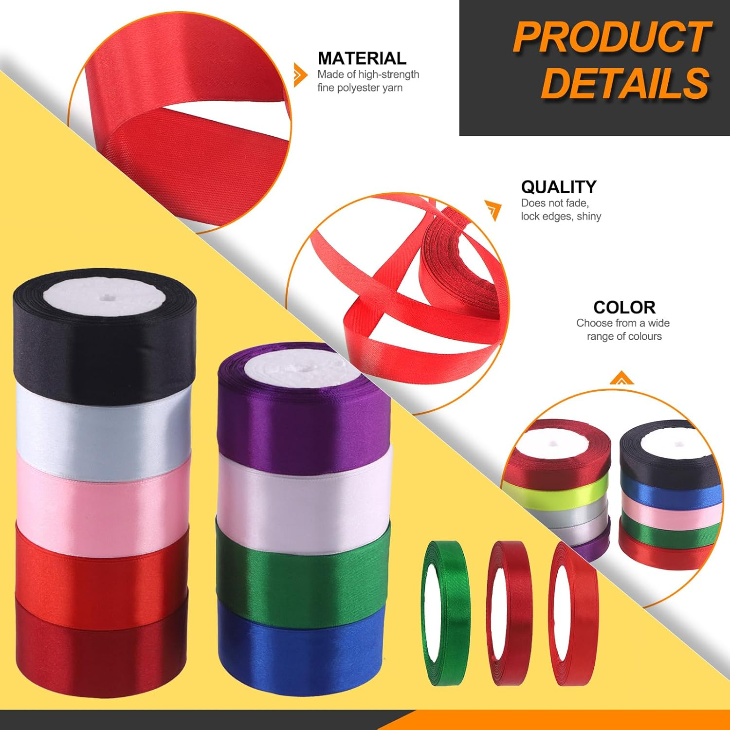 10 Rolls Satin Ribbon Assortment Kit 10 Solid Colors 3/5 Inch X 24.6 Yards Double Face Fabric Satin Ribbon Gift Wrapping Ribbon for Gift Wrapping Bow Making Decor Crafts (1.5Cm X 22.5M) - 20Mm X 22.5M Rainbow image number 7