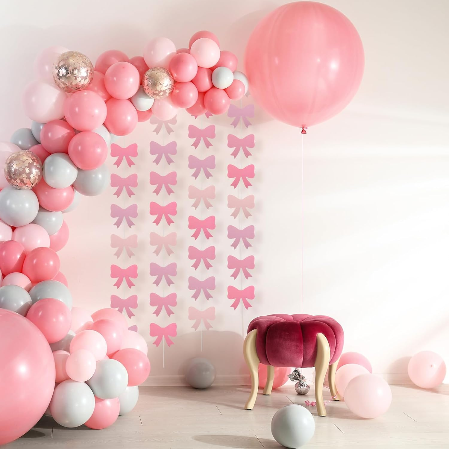 Coquette 8Pcs Pink Bow Hanging Banners - Birthday Decorations, Bow Garland, Themed Party Decor image number 5