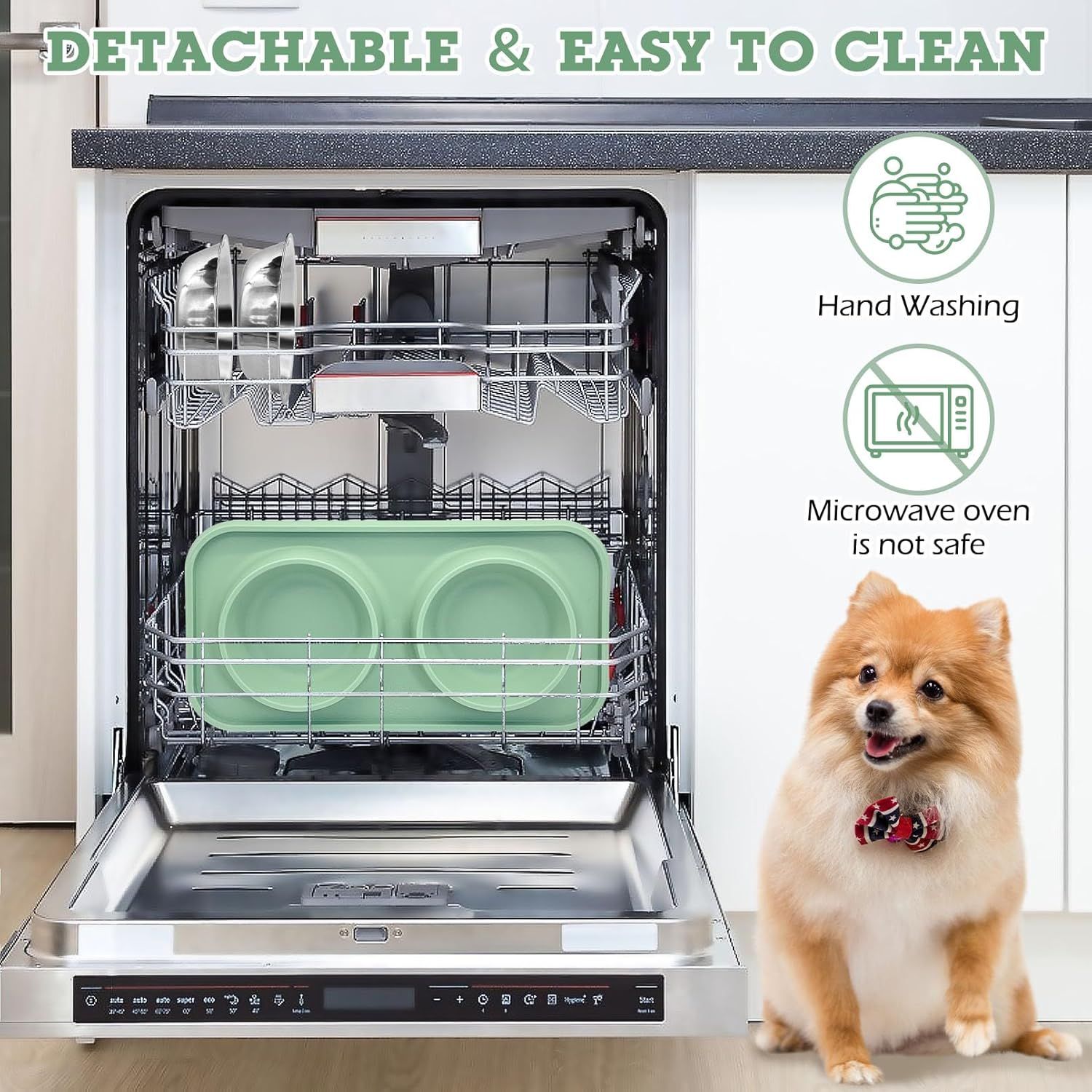 BNOSDM Double Dog Food Bowls Stainless Steel Dog Food and Water Bowls with Non-Spill Plastic Mat Pet Cat Feeder Bowl Set for Puppy Cats Kitten Small Dogs, Dark Green - Green image number 3