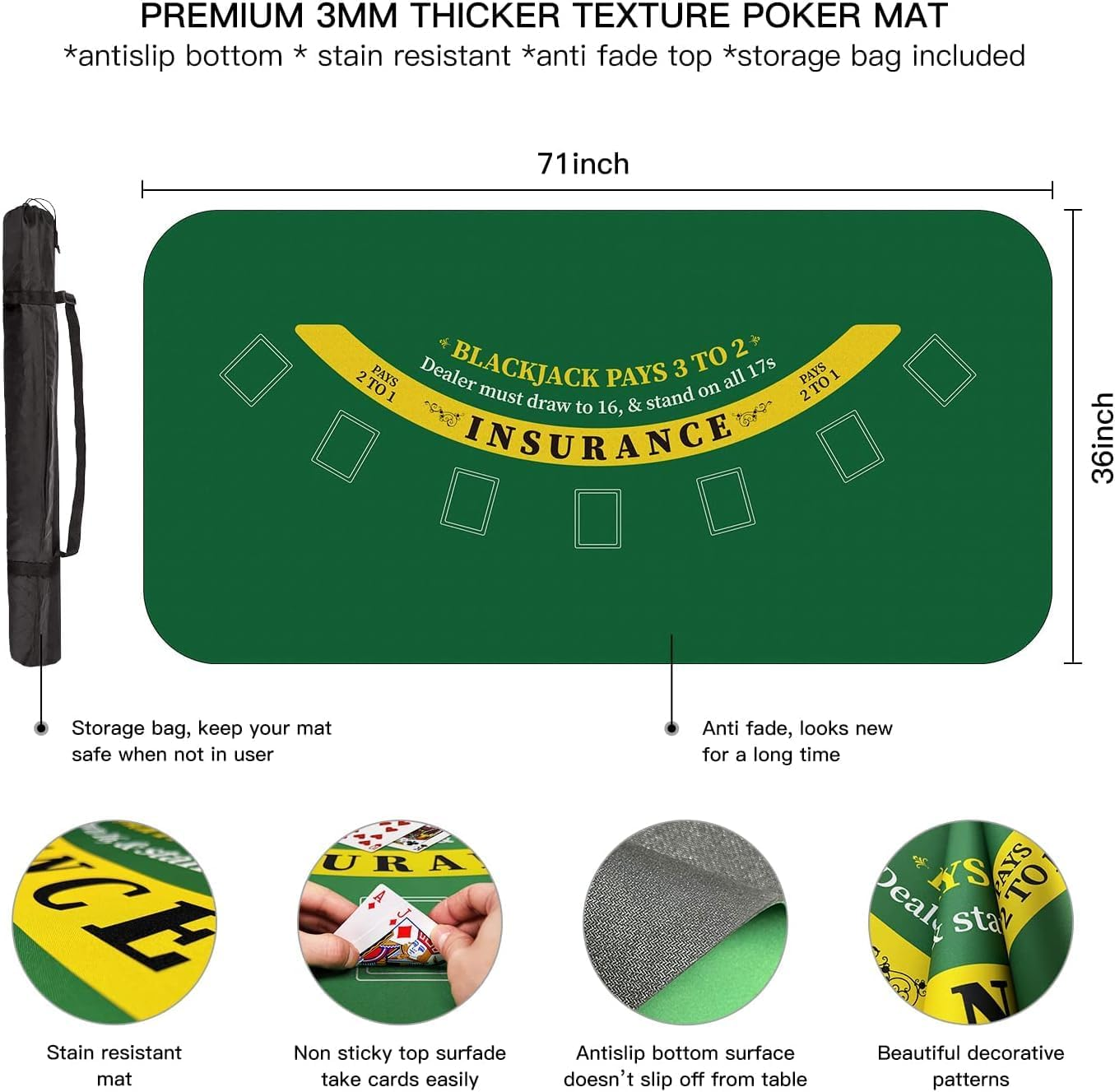 180 * 90Cm Poker Mat for Table with Carrying Bag, Professional Casino Blackjack Tabletop Layout Poker Table Mat (Blackjack A) image number 6