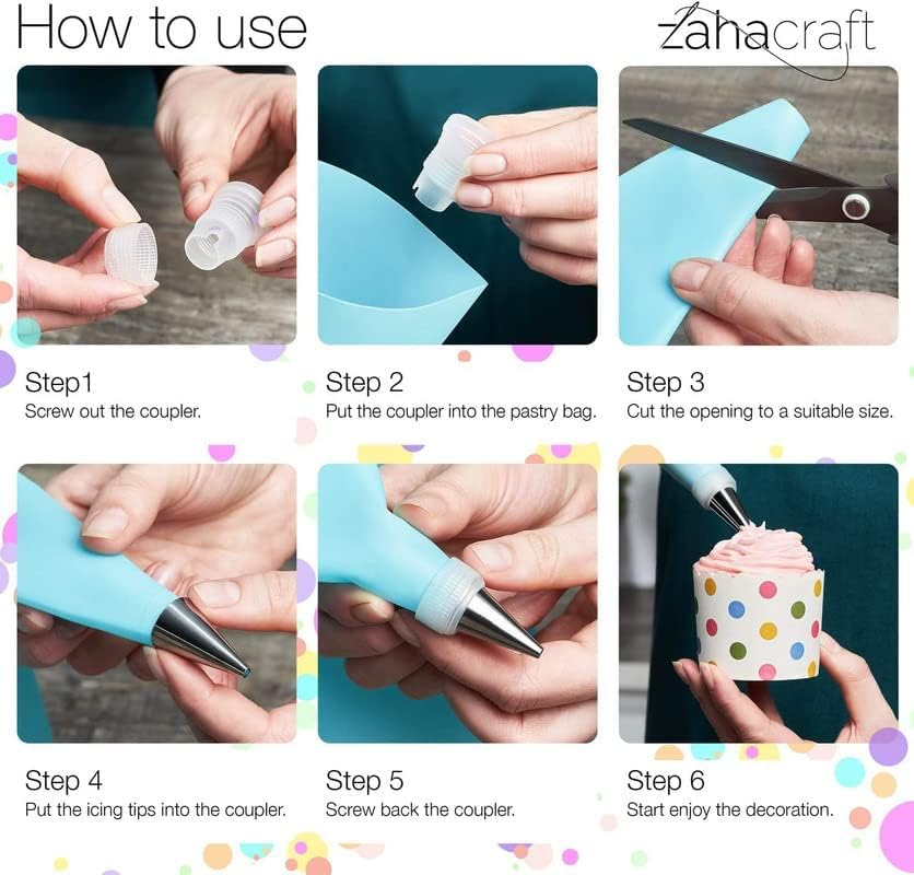 Piping Bags and Nozzles Set of 9 Pcs with 1 Converters,2 Silicone Bags and 6 Premium Stainless Steel Piping Nozzles for Decorating Cakes & Cupcakes image number 1