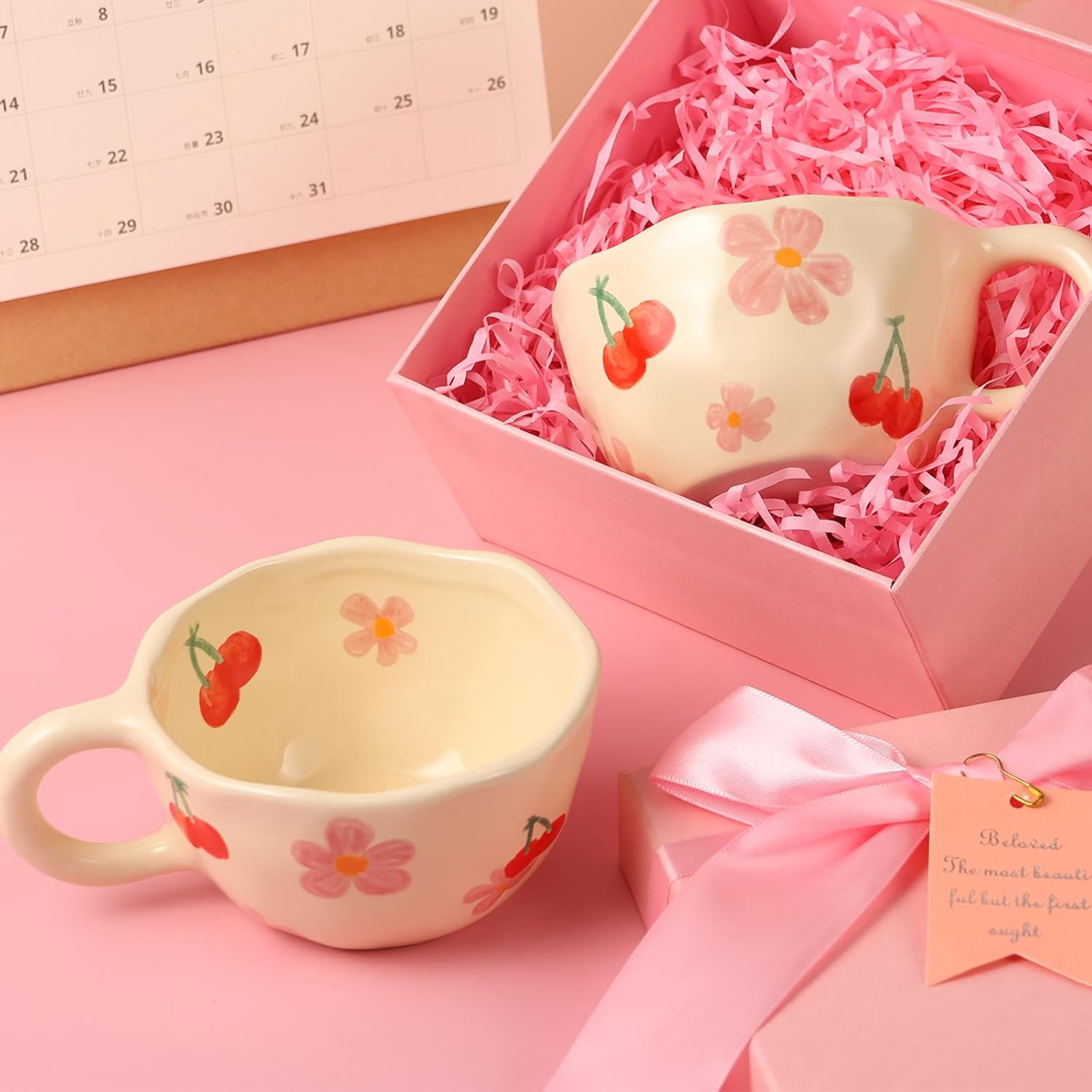 Ceramic Coffee Mug Vintage Flower Mugs 8 Oz Cute Floral Coffee Mugs Irregular Latte Art Cup Lead-Free Porcelain Cups for Cappuccino, Cocoa (2 Pcs Pink Cherry) image number 1