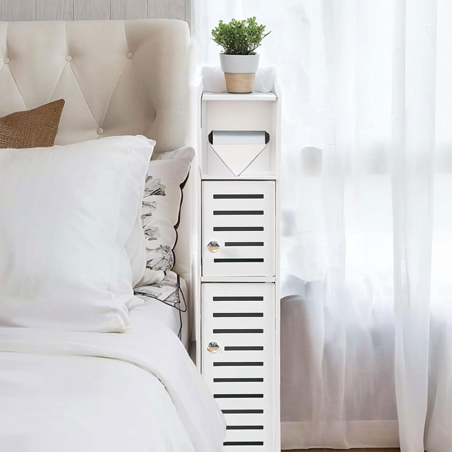 Storage Cabinet for Bathroom Toilet Roll Holder, for Small Spaces, over the Toilet Cabinet for Skinny Bathroom Storage Corner Floor, Slim Paper Cabinet with 2 Doors image number 4