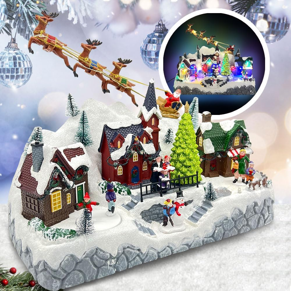 Animated Musical Christmas Village Scene, Lighted, Snowy Hillside with Santa, Reindeer, Houses, Rotating Skaters