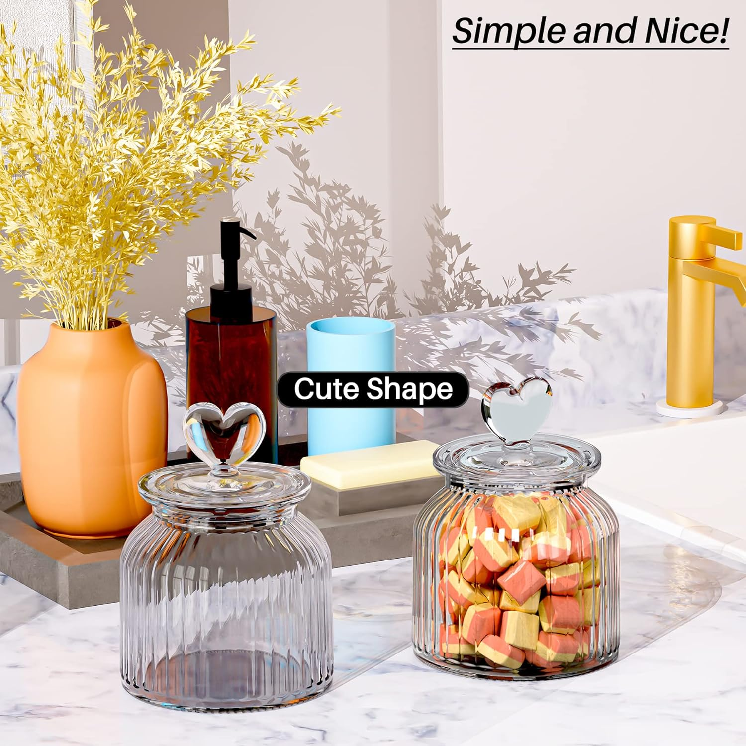22 Oz Clear Glass Canister with Cute Heart Shaped Lids Set, Food Storage Glass Jars with Airtight Lids for Kitchen and Dining Room, Stripe/Set of 2 image number 3