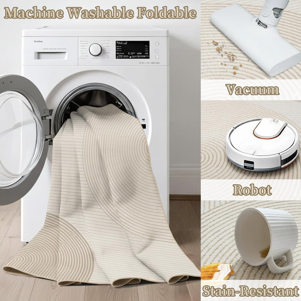 UZU 120X160Cm Machine Washable Area Rug for Living Room and Bedroom Non-Slip Geometric Lines Faux Cashmere Carpet Indoor Large Durable Soft Floor Mat Low Pile Rugs with Anti-Slip Backing - Home Decor image number 1