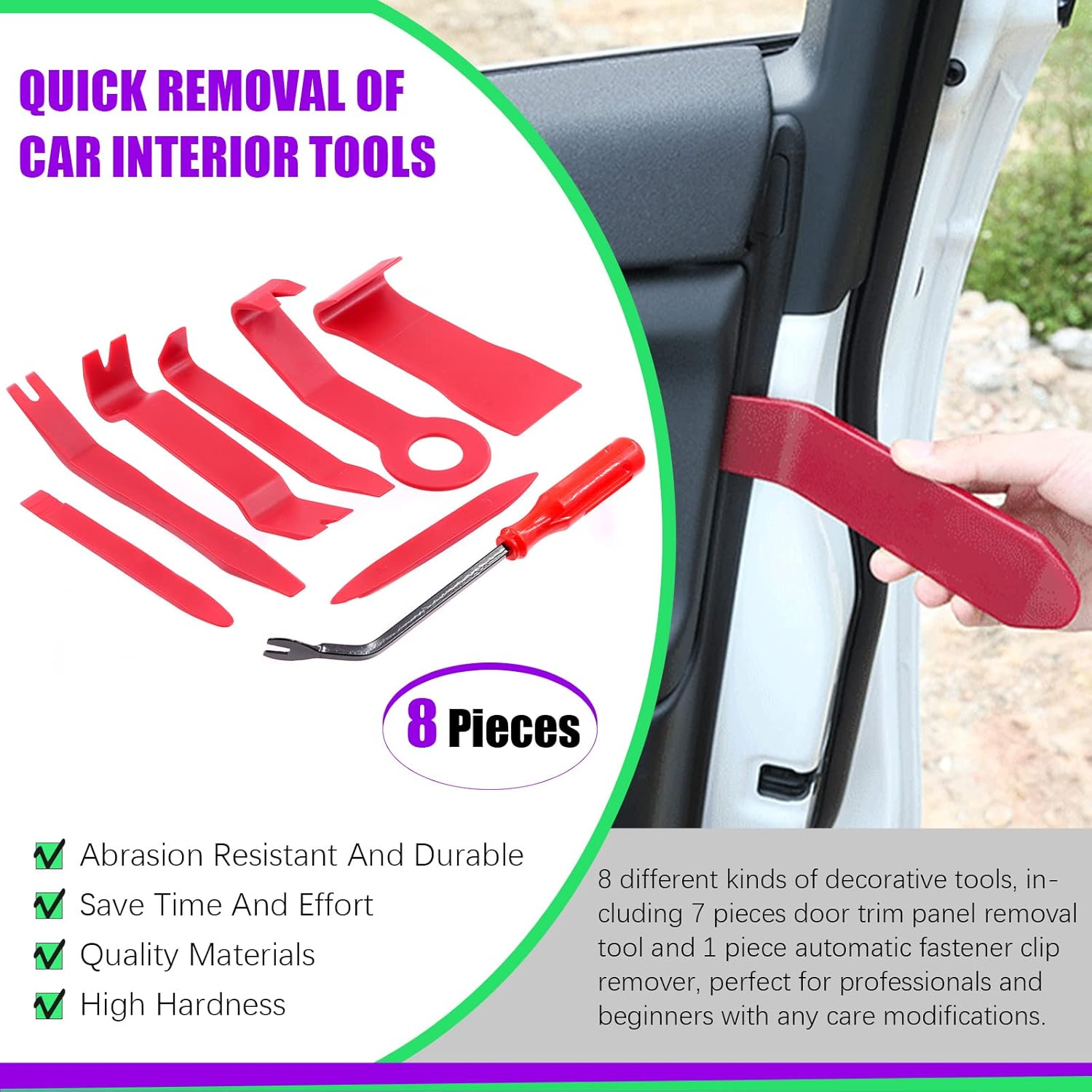 Swpeet 8Pcs 8 Auto Trim Removal Tool Kit with Fastener Remover Assortment Kit, No-Scratch Pry Tool Kit Interior Door Panel Clip Fastener Removal for Car Vehicle Dash Audio Installer image number 2