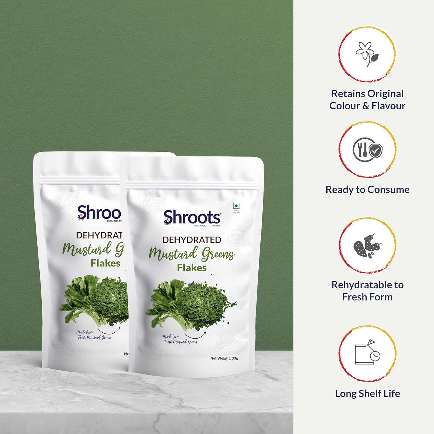 SHROOTS Dehydrated Mustard Green Leaves (Sarso) Flakes Pure Vegetarian Gluten-Free No Added Salt Easy Cooking Machine Dried Vegetables with Natural Aroma Ideal for Everyday Meals 1.06 Oz, Pack of 1 image number 6